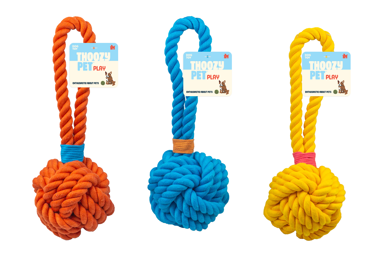 ThoozyPet Ball Tug Rope Dog Toy with Handle Yellow 5"